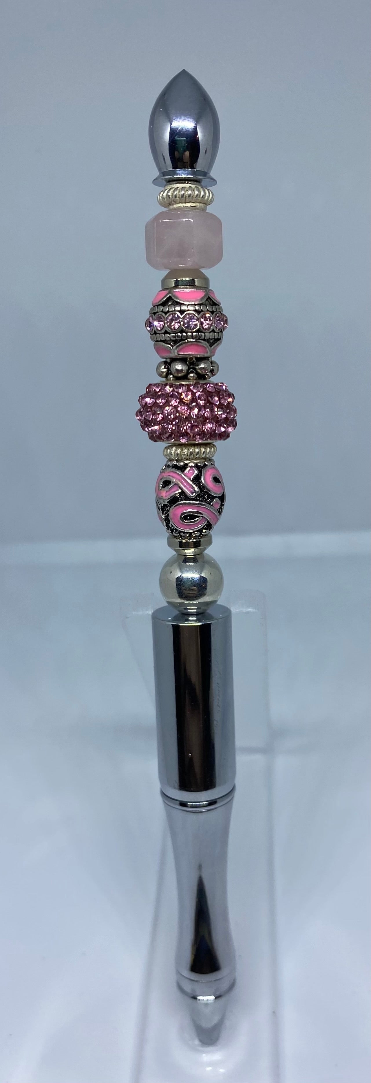 Breast Cancer Awareness Pen, Silver Pen With BCA Bead & Pink Accents. New