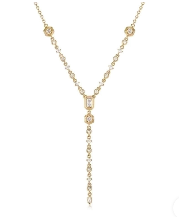 Goldtone Lariat,
Oval Plating Inlay, Zircon Pendant
Necklace