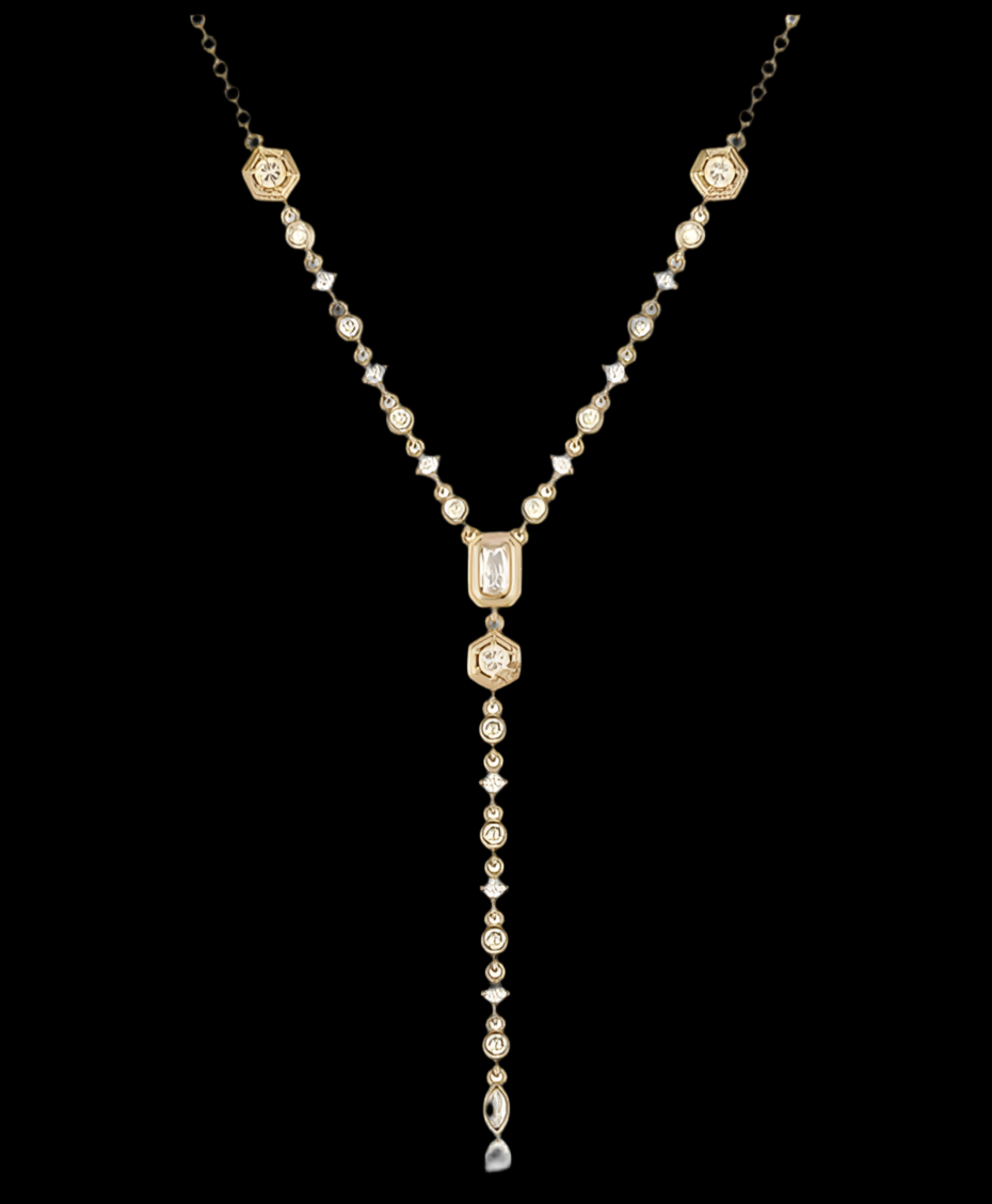 Goldtone Lariat,
Oval Plating Inlay, Zircon Pendant
Necklace