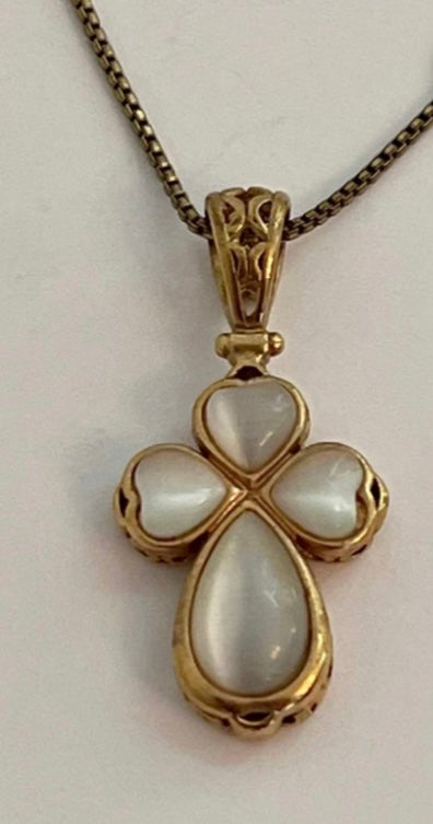 Vintage Avon faux moonstone reversible heart cross pendant necklace.