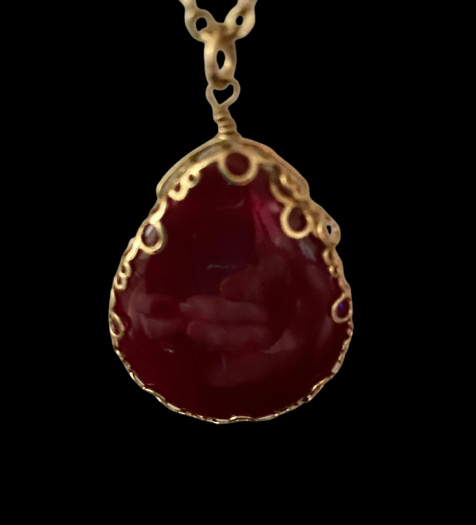 Vintage Long Goldtone Necklace W/Large Dark Red Stone