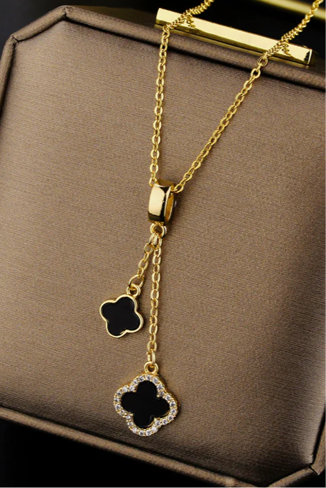Titanium Steel Double Clover 18K Gold Plated Necklace Black