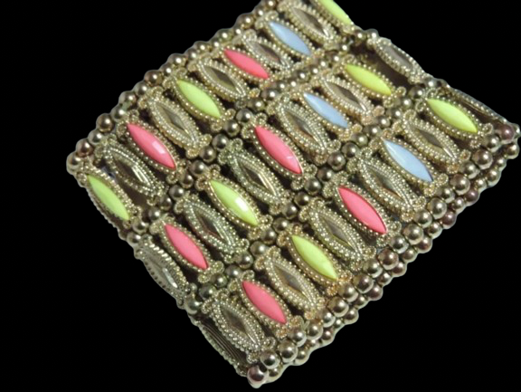 Vintage Egyptian Revival Wide Goldtone
Stretch, Neon & Rhinestone Cuff