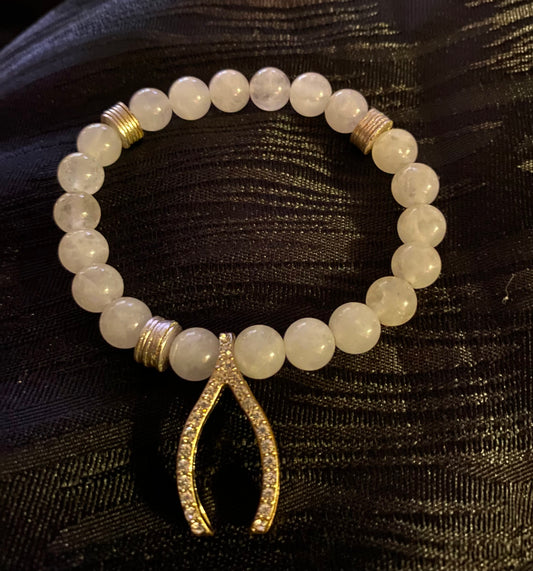 White Jade Natural Stone, Silver Spacers & Rhinestone Wishbone