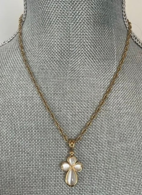 Vintage Avon faux moonstone reversible heart cross pendant necklace.