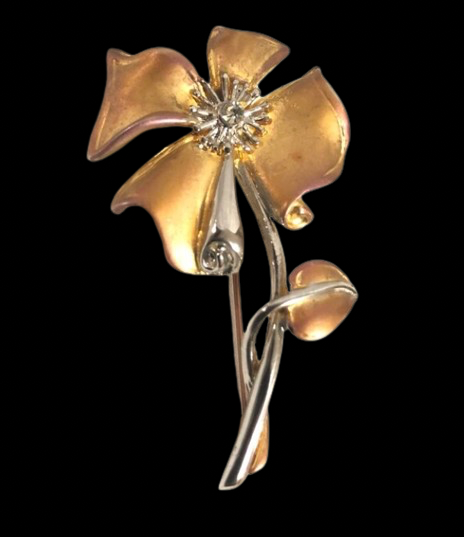 Vintage Gold and Silver Flower Brooch with Rhinestones