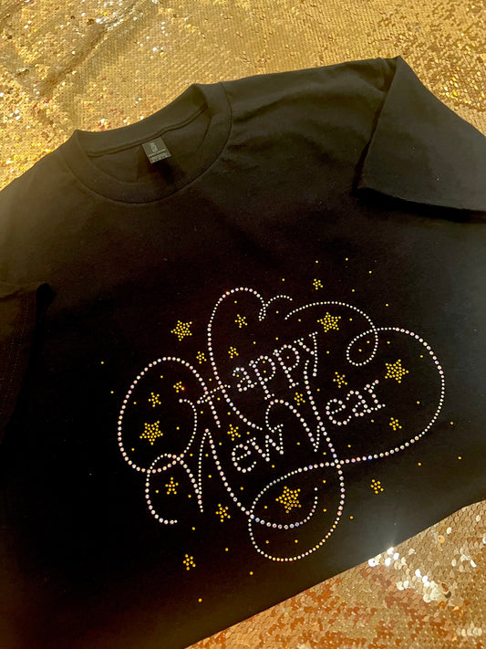 Stunning Silver & Gold Rhinestone Happy New Year T-Shirt. Black T, Size Medium