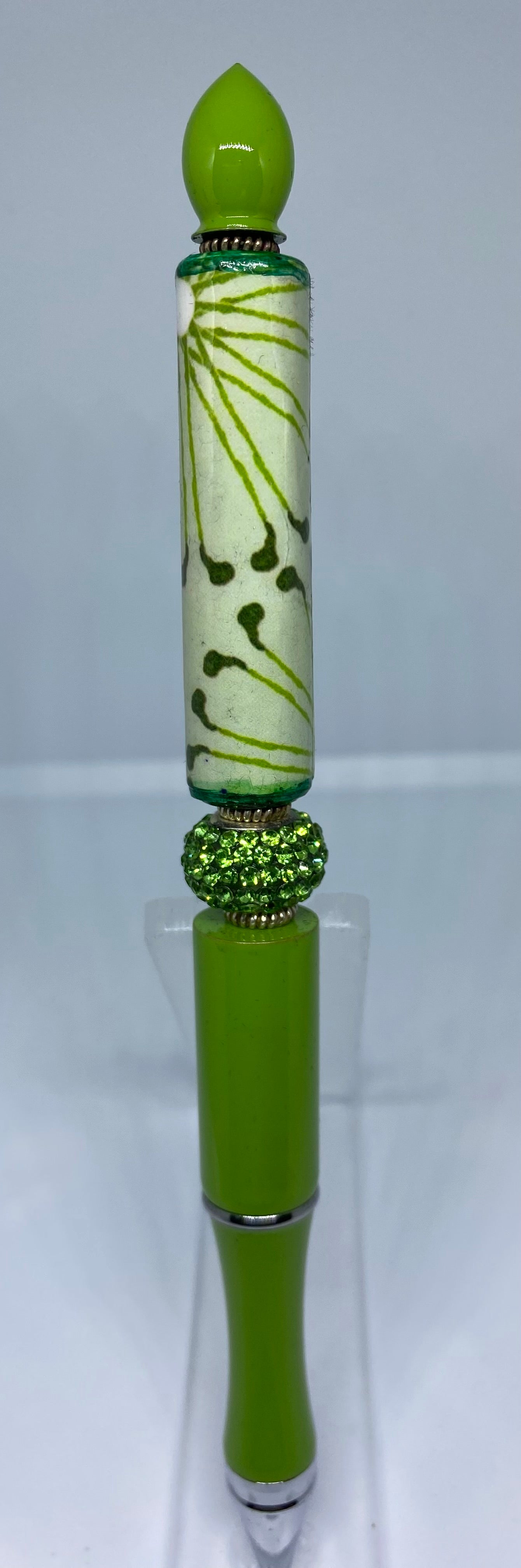Write In Style! Green Pen, Rhinestone & Leaf Tube Bead. New