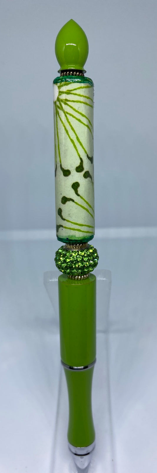 Write In Style! Green Pen, Rhinestone & Leaf Tube Bead. New