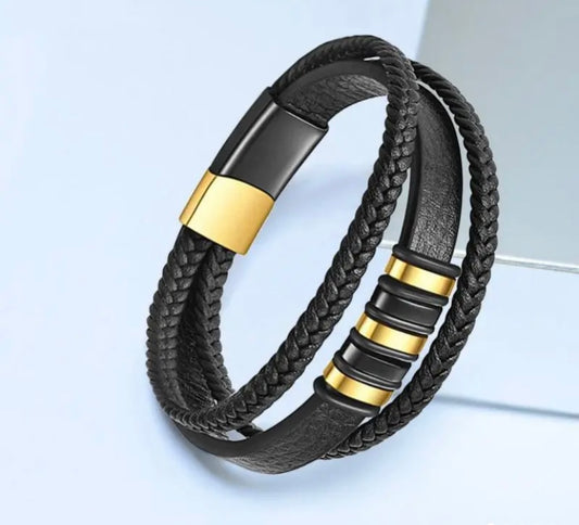 Men’s leather bracelet gold accents