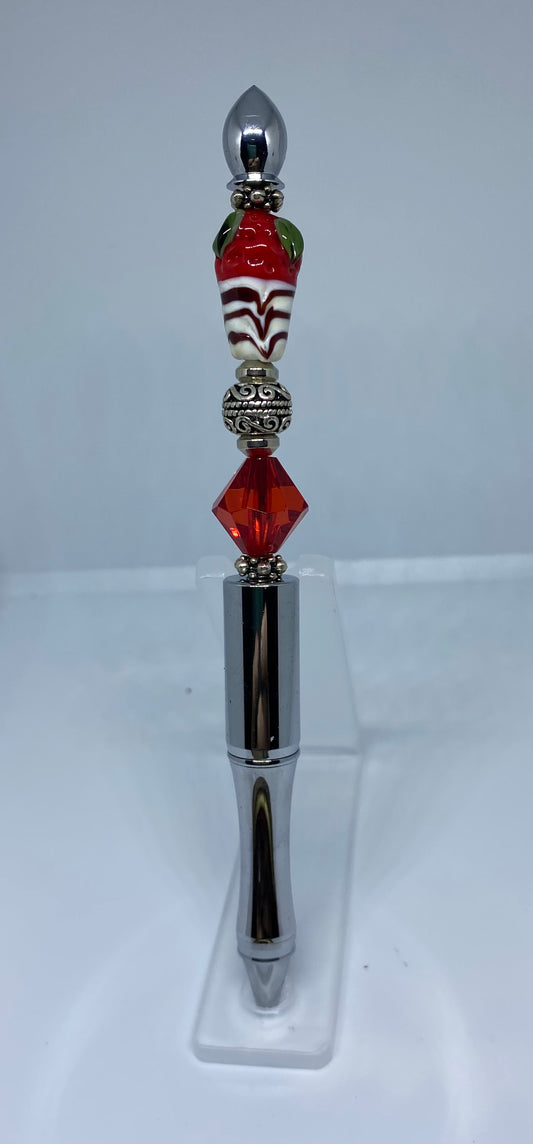 Write In Style! Silver Pen, Red & Silver Accents, Topped With A Strawberry! New