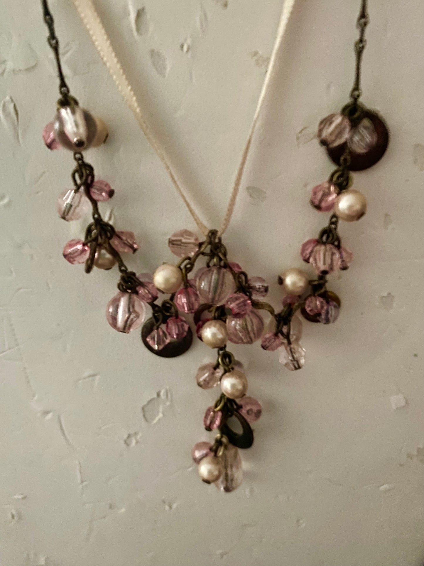 Antique Gold Purple Pearl & Pink Glass Bead
Necklace