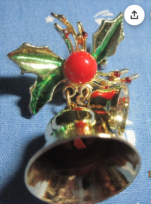 Vintage Beautiful Gold Christmas Bells w/ Enamel Holly & Berries Brooch..Jingles!..