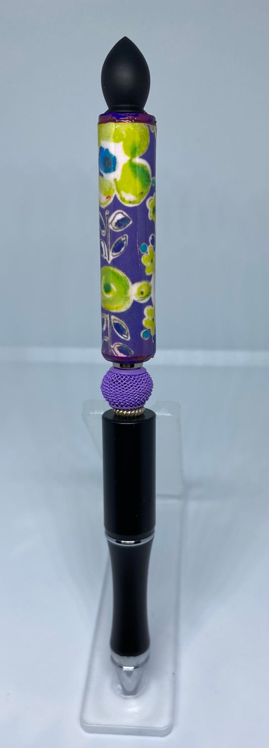 Write In Style! Black Pen, Purple & Green Accent Beads. New