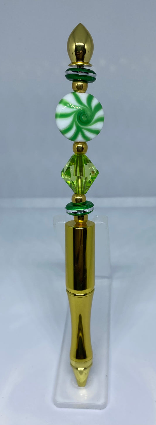 Write In Style! Gold Pen, Peppermint Candy Bead & Green Accents. New