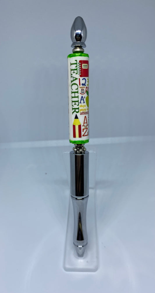 Write In Style! Silver Pen, Large “Teacher” Tube Bead. Great Gift for Your Favorite Teacher. New