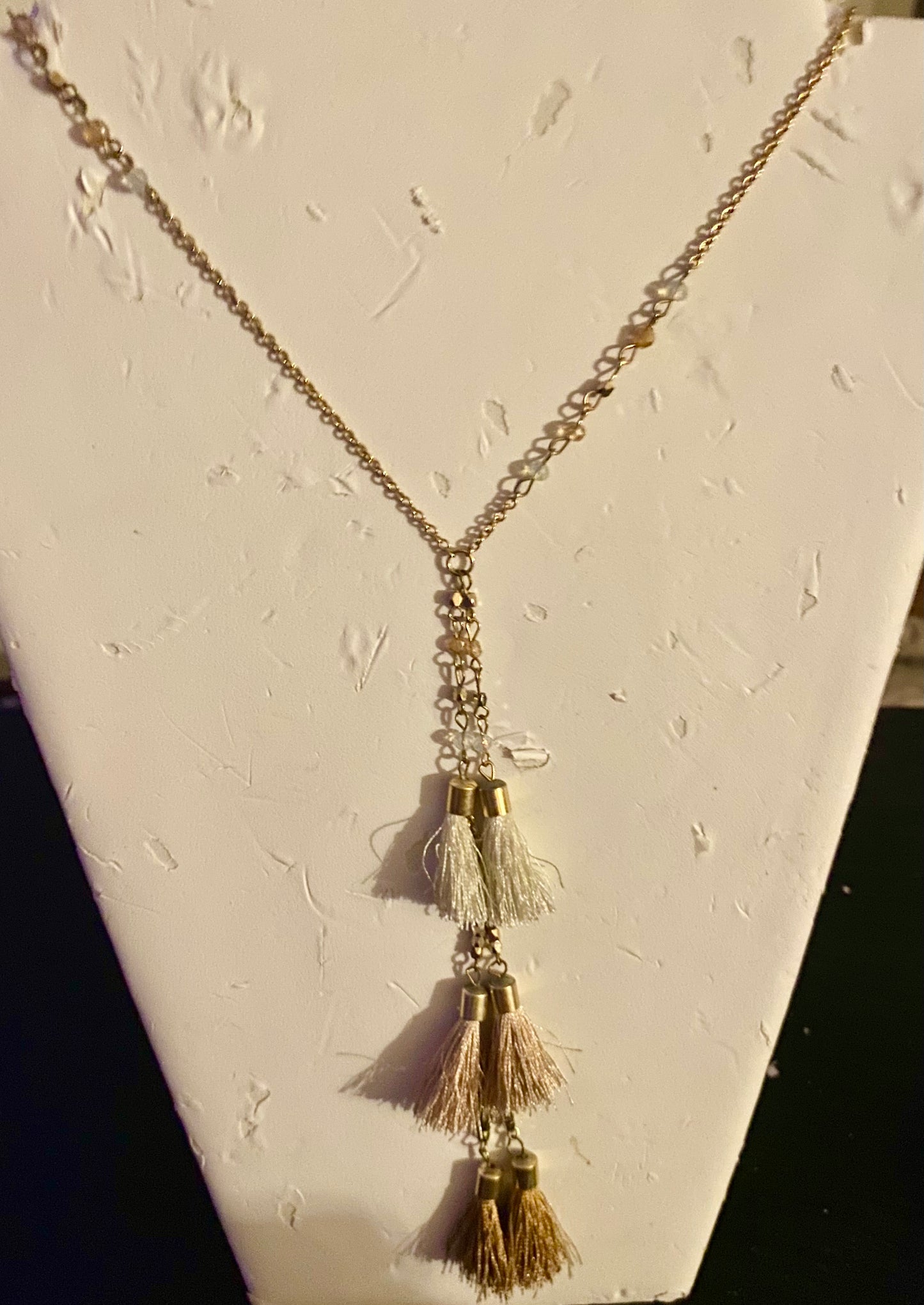 Three Tassel Necklace, Neutral Tones. Crystals on the Chain