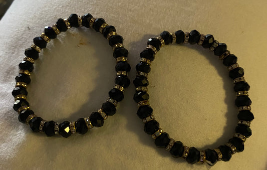 Vintage Elasticized Bracelets. Black Faceted Beads, & Gold Randell W/Clear Rhinestones.  rhinestones.