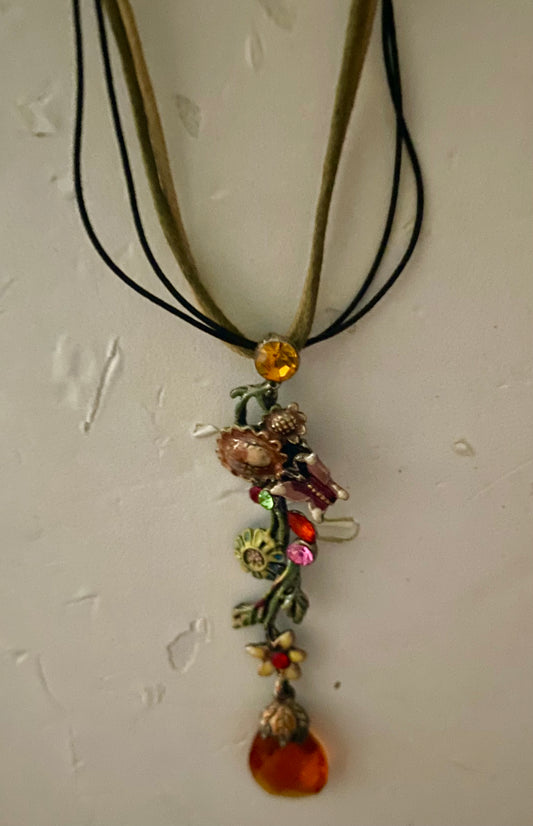 Vintage Enamel Flower Boho Style Necklace on Leather Cord