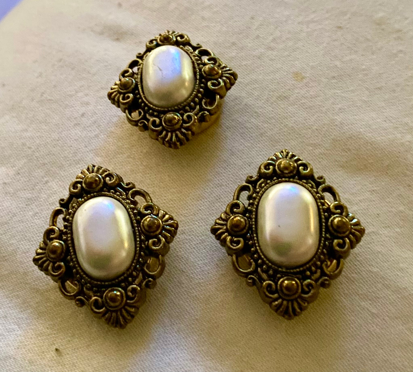 Antique Set of 3, button covers. Antiqued Goldtone & Pearl