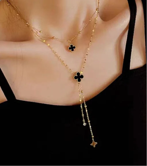 Black & White Double Layer Clover Necklace 18k Gold Plated