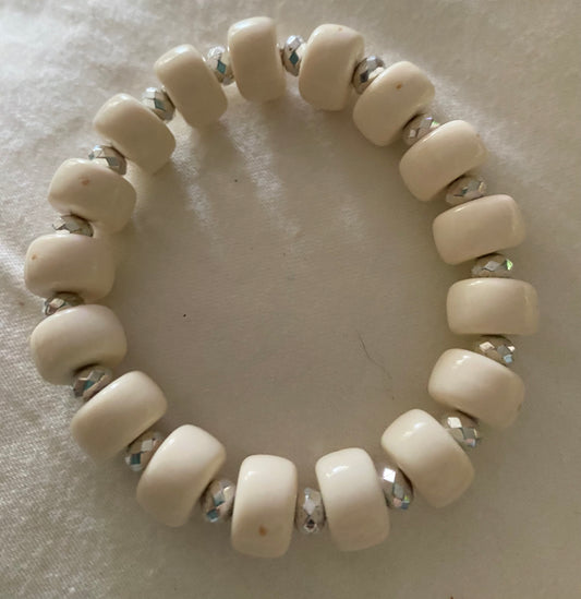 Vintage Lg Bone Bead W/Small Silver Spacer Beads