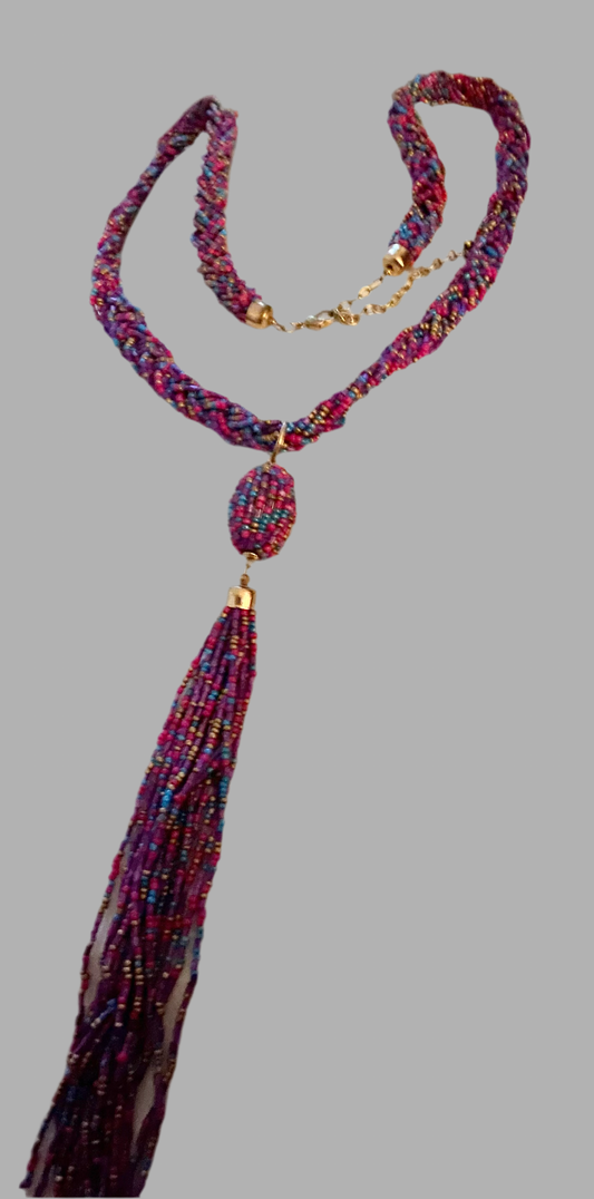 Vintage Purple Czech Bead Tassel Necklace