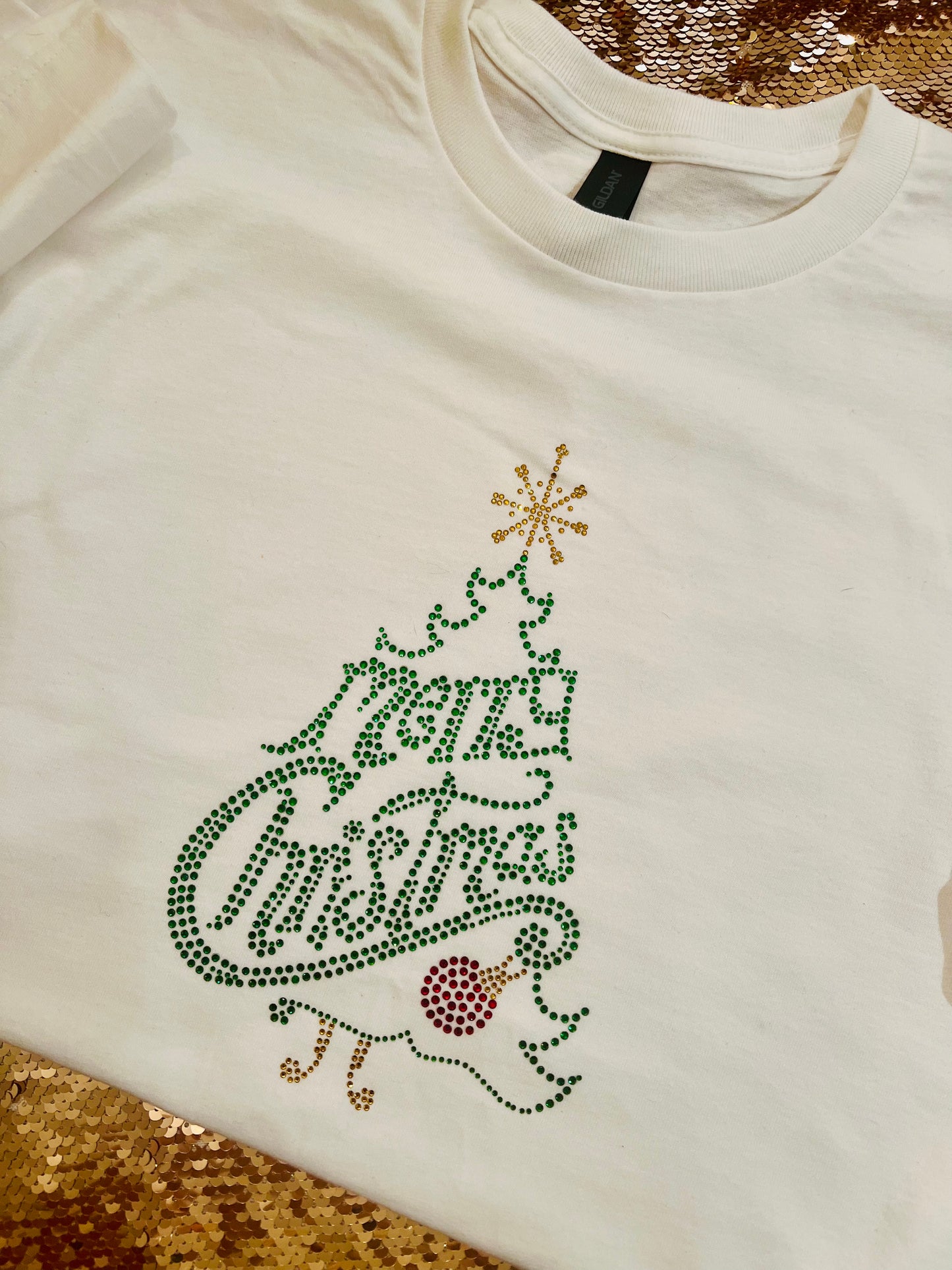 Green Rhinestone Christmas Tree on White T-Shirt, Large