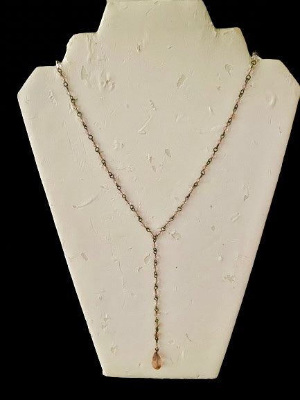 Vintage Pink Crystal Lariat Style Necklace, Antique Gold Finish on Chain.