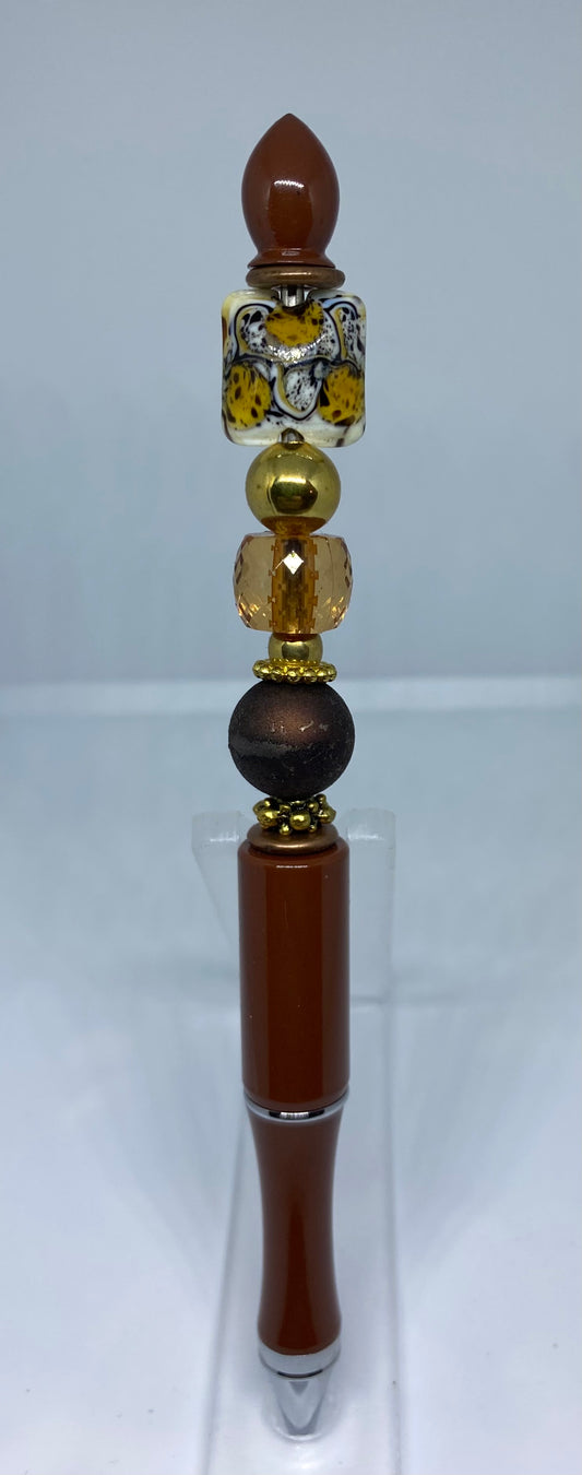 Write In Style! Brown Pen, Tiger Bead, Gold & Brown Accents. New