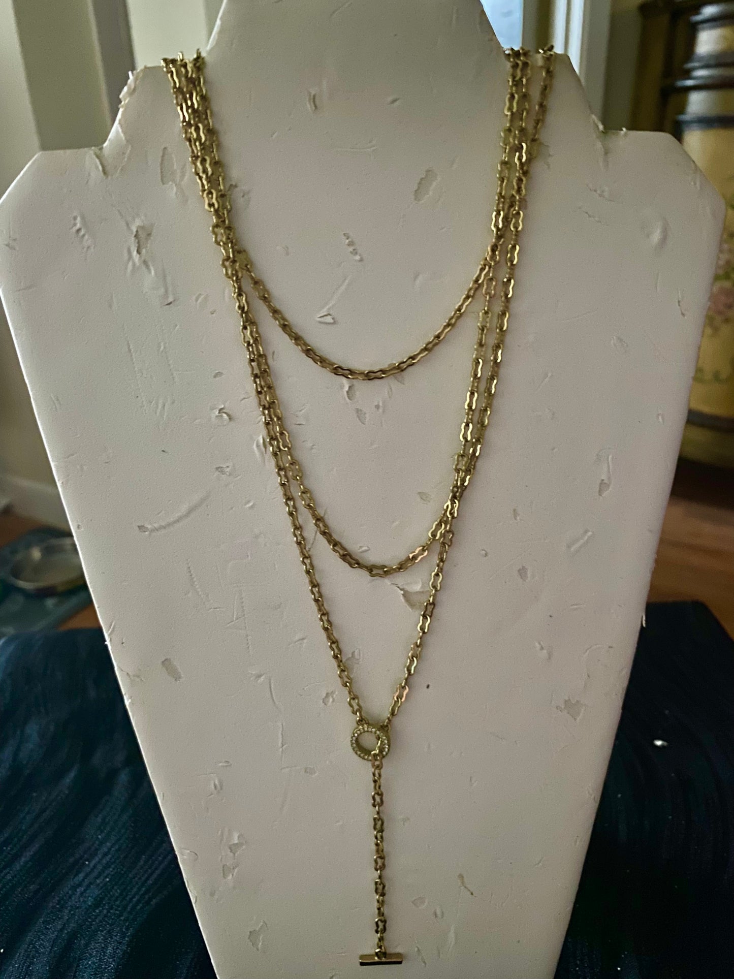 3 Strand Lariat Style Gold-tone Necklace, Rhinestone Accents