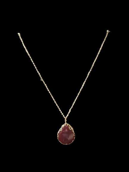 Vintage Long Goldtone Necklace W/Large Dark Red Stone