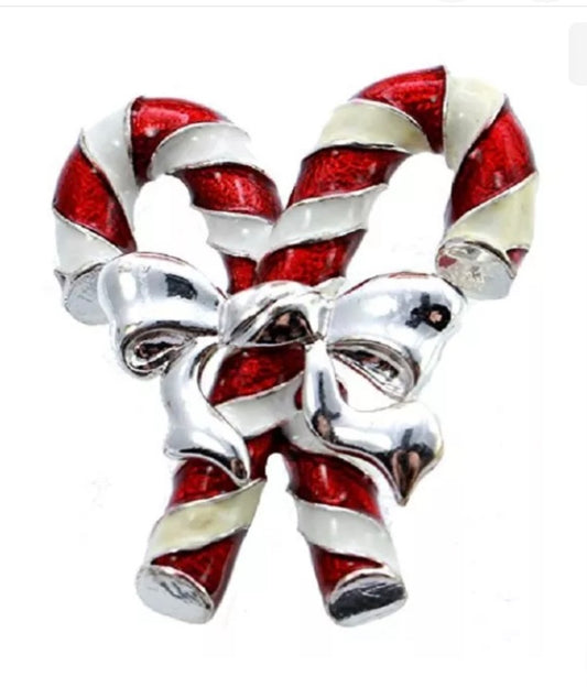 Vintage Jones New York Brooch, Silver-Tone Candy Canes Pin