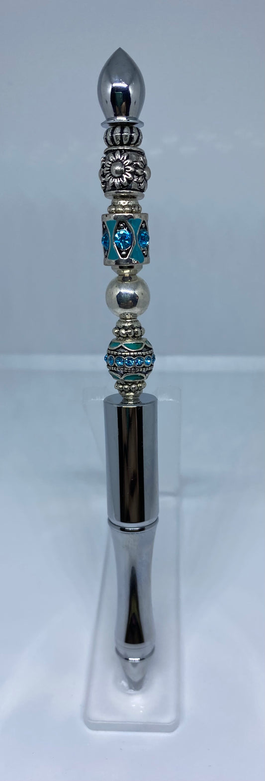 Write In Style! Silver Pen, Turquoise Rhinestone & Silver Accent Beads. New