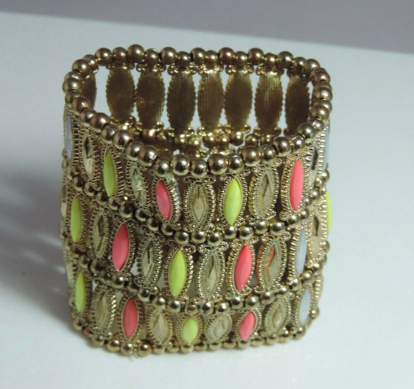 Vintage Egyptian Revival Wide Goldtone
Stretch, Neon & Rhinestone Cuff