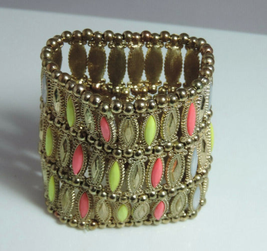 Vintage Egyptian Revival Wide Goldtone
Stretch, Neon & Rhinestone Cuff