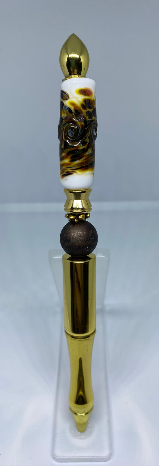 Write In Style! Gold Pen, Unique Brown Abstract Beads & Accents. New