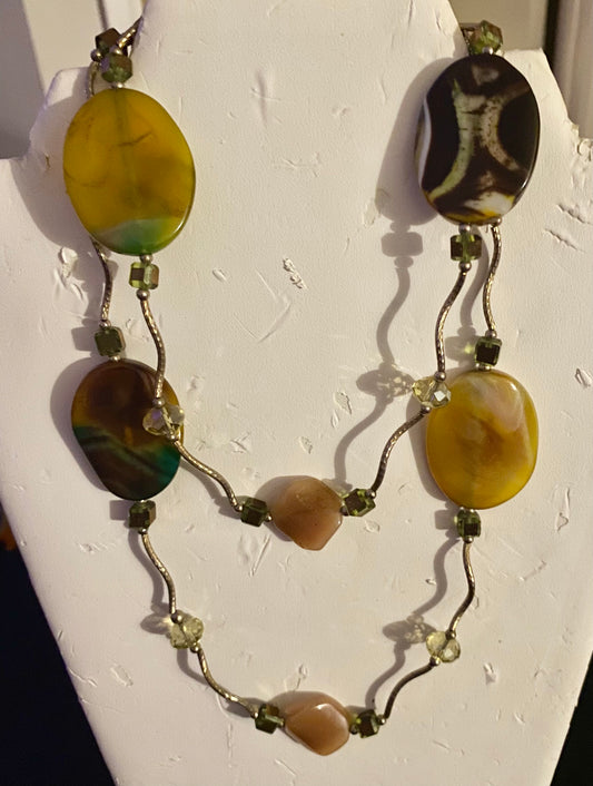 Large Green, Gold & Amber Stones on Silver Necklace.