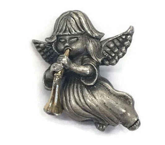 Vintage Angel Brooch Silver Cherub Lapel Pin Angelic Figure with Musical Horn