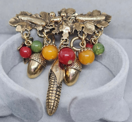 Vintage FALL HARVEST BROOCH Pin Corn Acorns Charms Beads