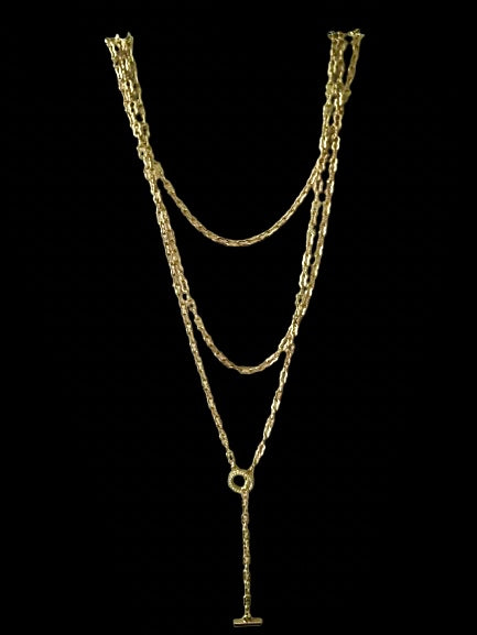 3 Strand Lariat Style Gold-tone Necklace, Rhinestone Accents