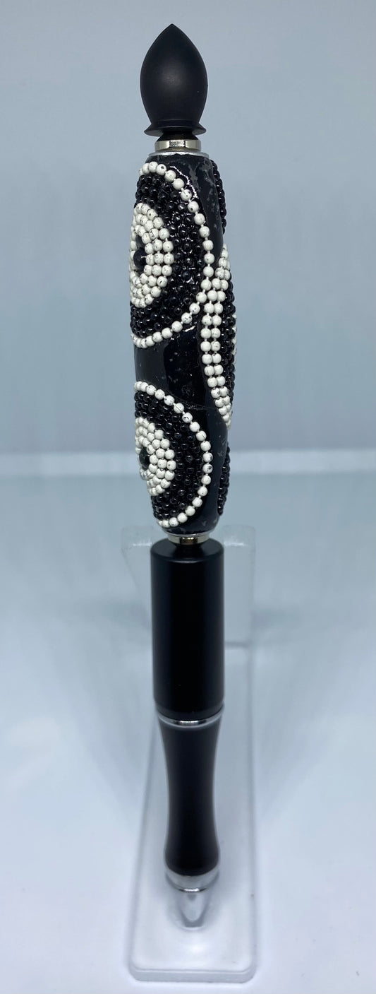 Write In Style! Retro Vibes! Black Pen, With Large Blk & White Bead. New