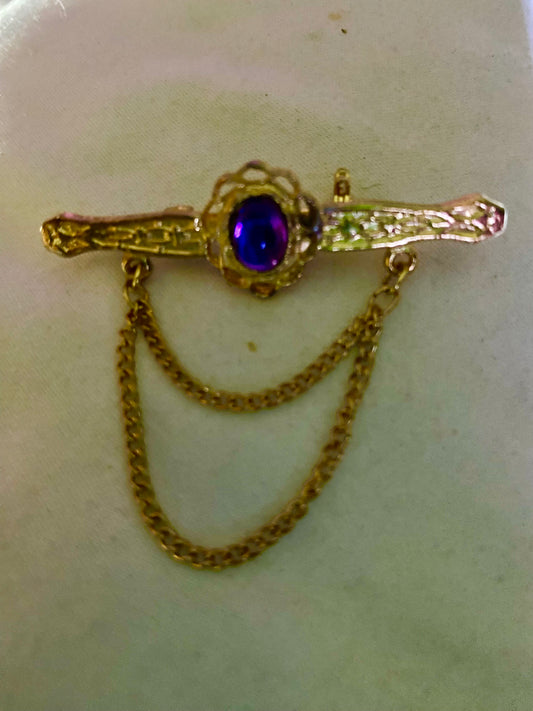 Vintage Chatelaine Sweater Guard
Shawl Pin Goldtone W/Purple Stone