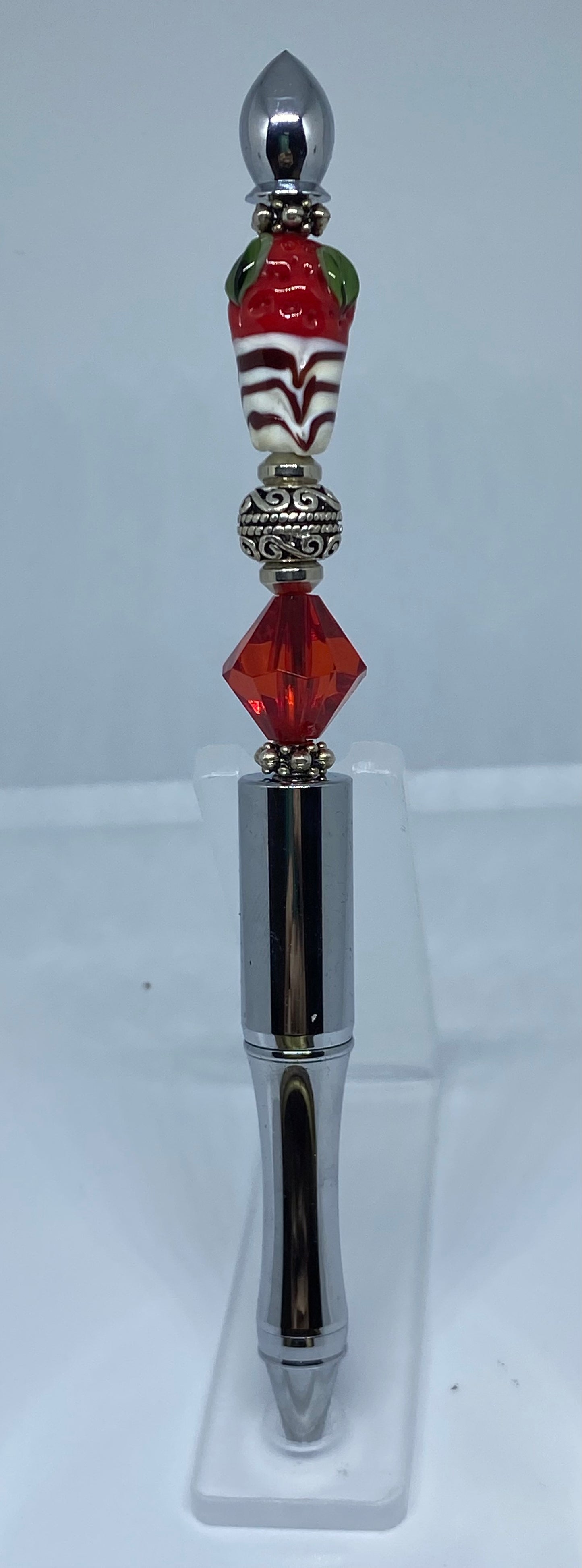 Write In Style! Silver Pen, Red & Silver Accents, Topped With A Strawberry! New