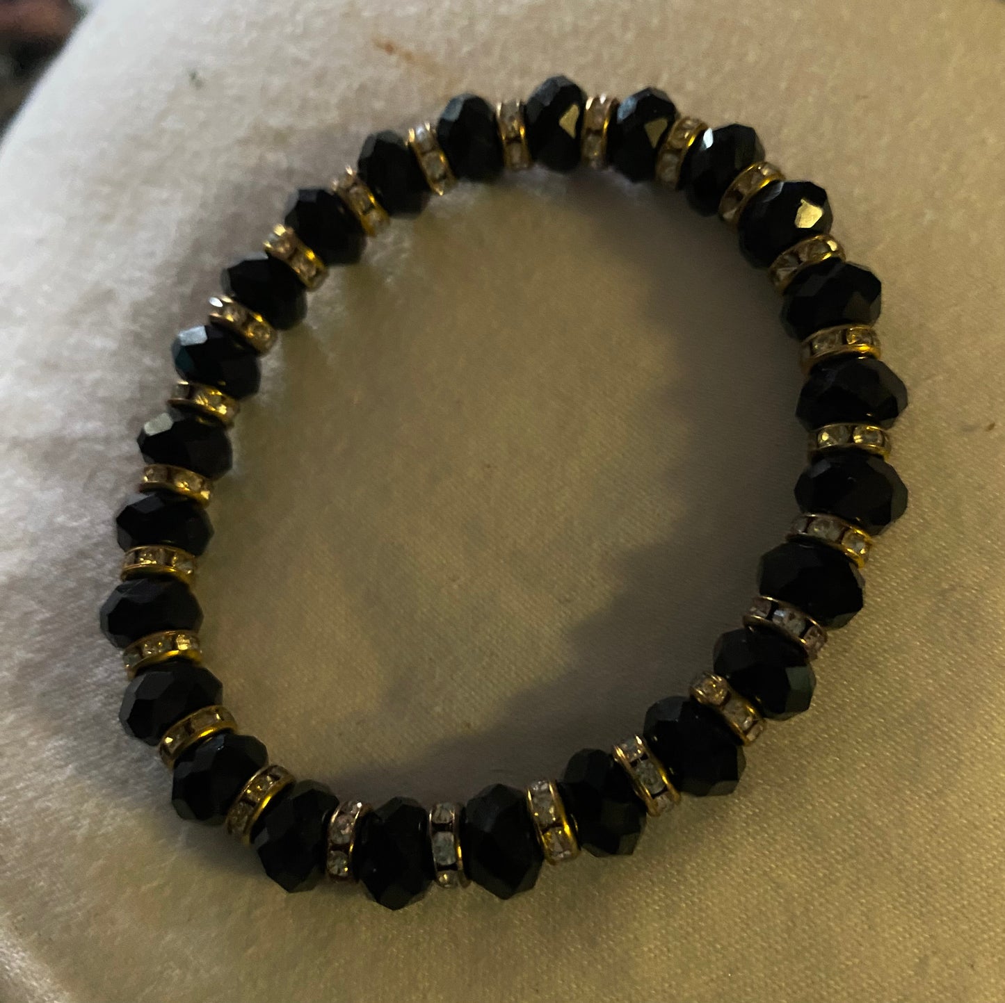 Vintage Elasticized Bracelets. Black Faceted Beads, & Gold Randell W/Clear Rhinestones.  rhinestones.