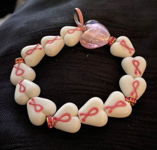 Breast Cancer Awareness Bracelet. Ribbon Stones & Pink Ribbon Charm. Handmade