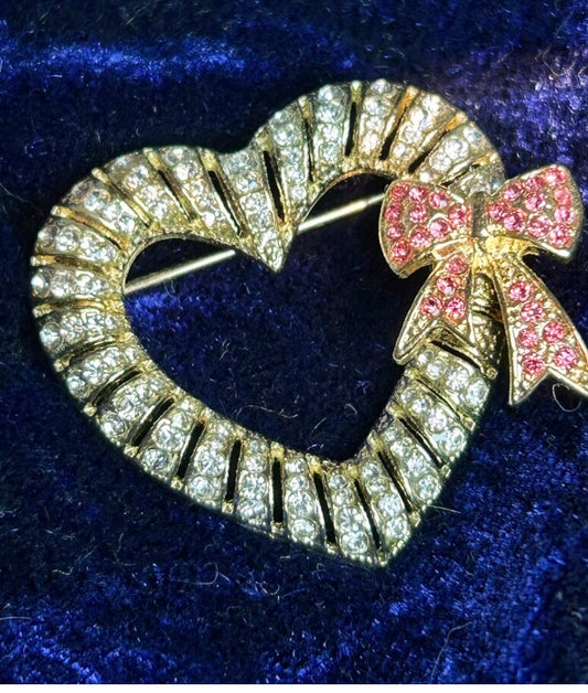 Vintage Heart Brooch Clear and Soft Pink Rhinestones Goldtone Pin W/Pink Bow