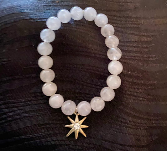 White Jade Bracelet, Natural Stone & Gold tone & Rhinestone Star