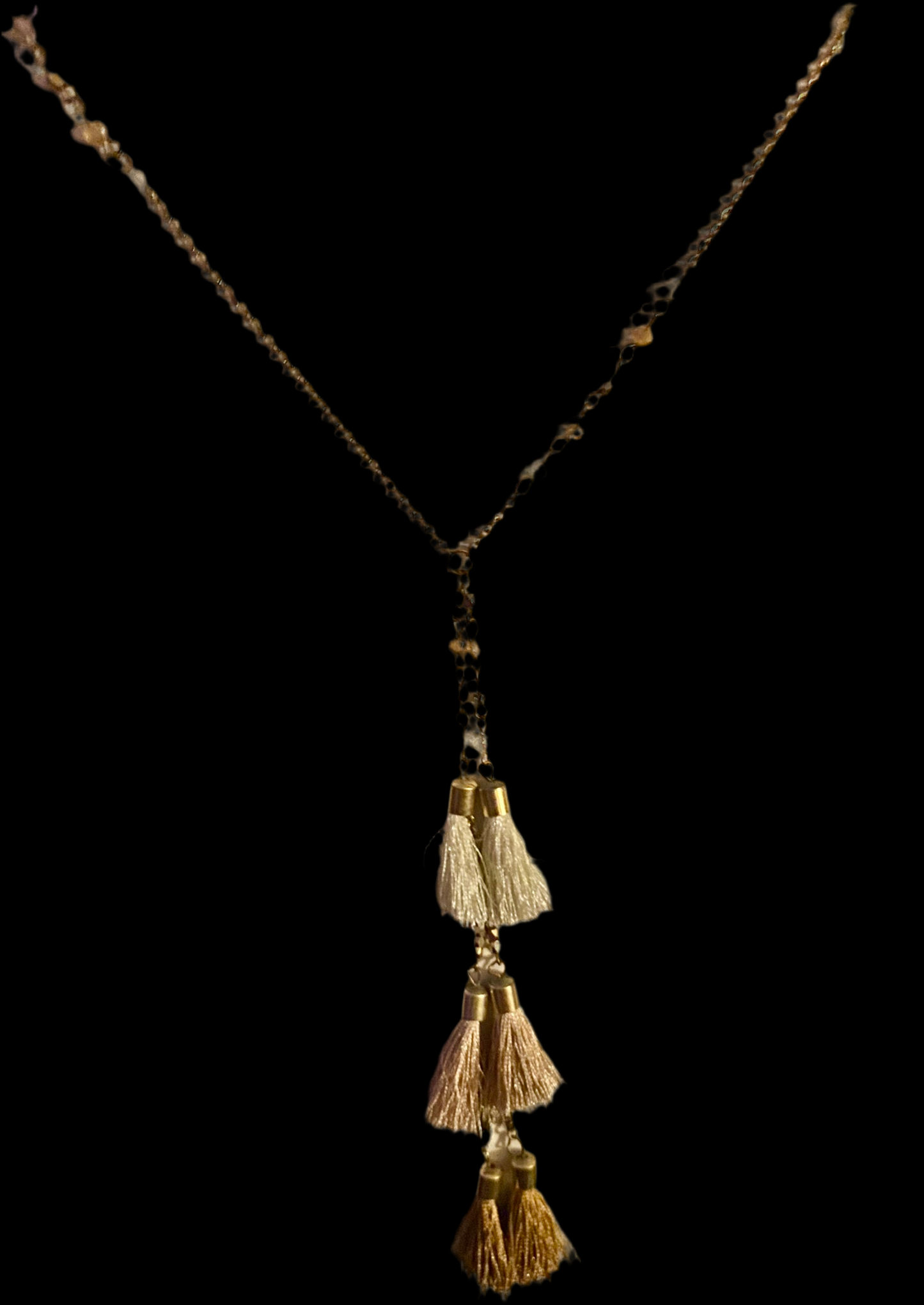 Three Tassel Necklace, Neutral Tones. Crystals on the Chain