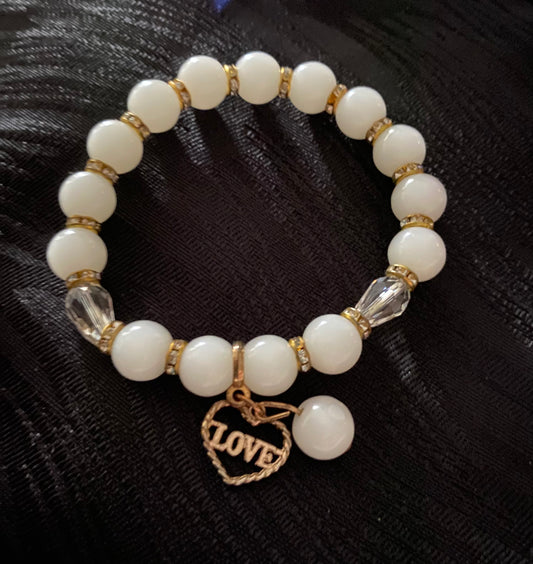 White Stone Bracelet, Goldtone Accents W/“Love” Charm & Rhinestone Rondels.